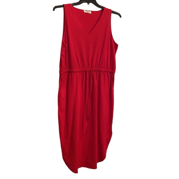 Zenana Plus Cotton Drawstring Waist Curved Hem Side Slits Dress Pockets Red 1X - Picture 2 of 8